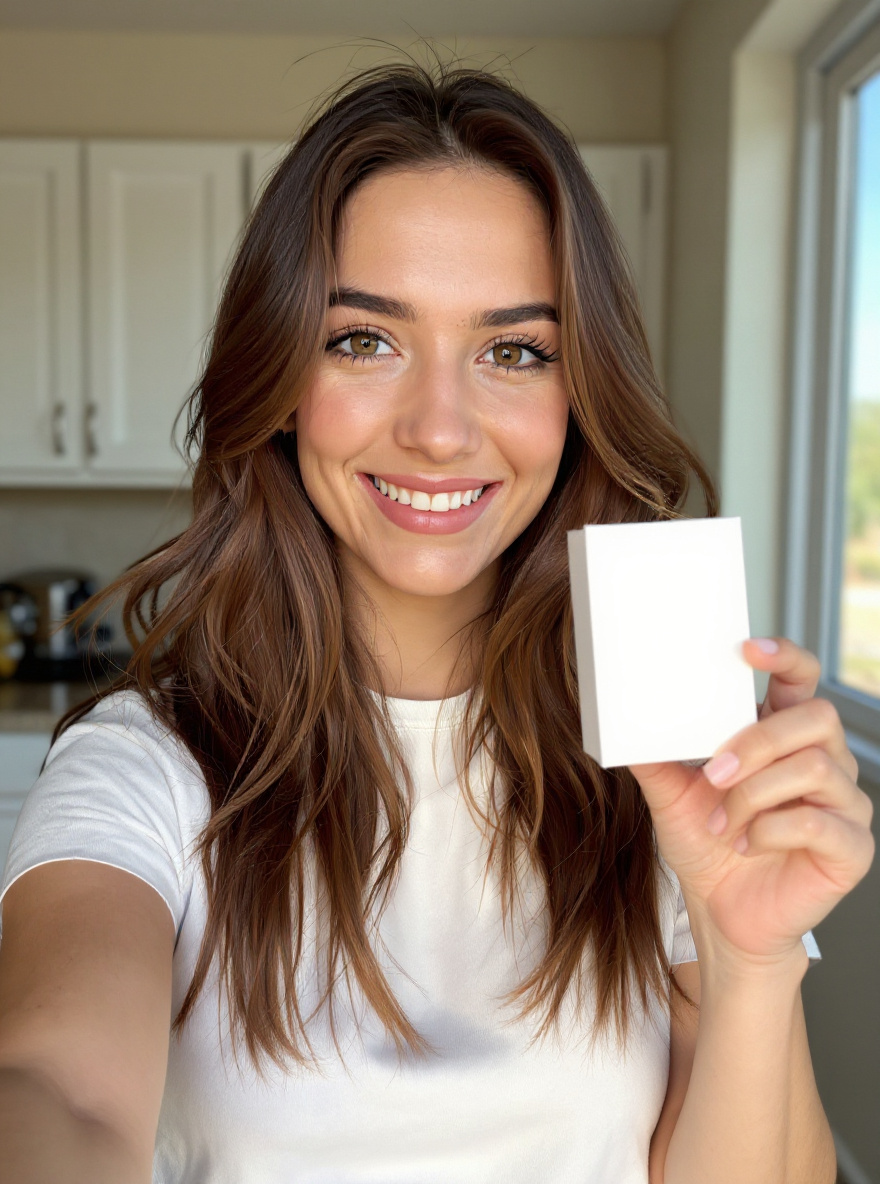 Sloane holding a product